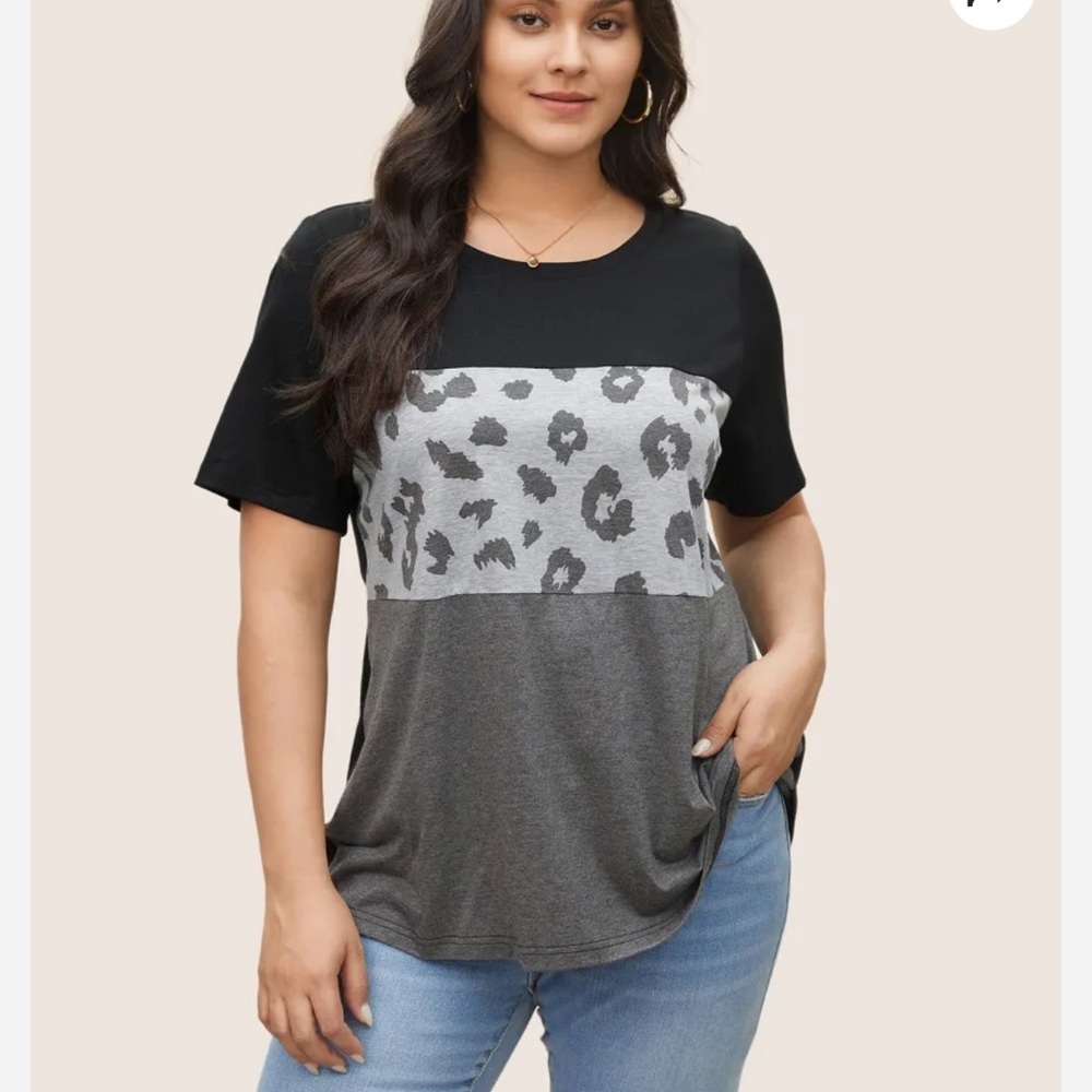 BloomChic Plus Size XL Colorblock Contrast Patchwork Leopard T-shirt us14-16